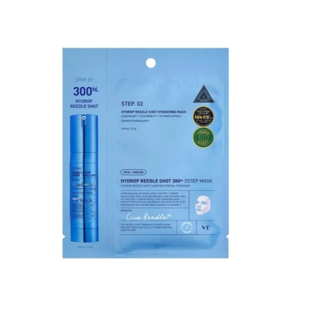 Un emballage bleu de produit de soin de la peau comprenant un flacon de sérum et un masque en feuille. Le texte met en évidence "300μL HydroP Reedele Shot" et "Hydrop Reedele Shot 300+ 2Step Mask" avec divers détails et logos affichés. Dakar