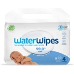 Un paquet de lingettes WaterWipes représentant un bébé endormi, une marque bleue et blanche et un texte indiquant "99,9 % d'eau" et "4 paquets". L'emballage met en avant la pureté et la douceur des soins apportés aux bébés. Dakar