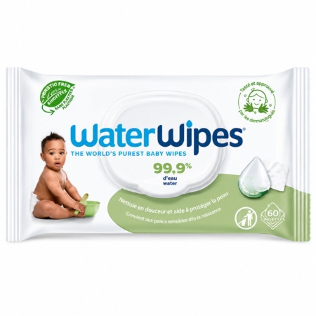 Les paquets de 60 lingettes Waterwipes Visage et Mains représentent un bébé assis, des symboles écologiques verts et soulignent la teneur en eau de 99,9 %, le fait qu'elles conviennent aux peaux sensibles et que chaque paquet contient 60 lingettes. Dakar