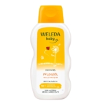 Un flacon blanc de Welada Huile Bébé au Calendula Sans Parfum 200 ml avec un bouchon et une étiquette jaunes, comportant une fleur, une illustration de coccinelle et un texte mettant l'accent sur le calendula et les ingrédients d'origine naturelle. Dakar