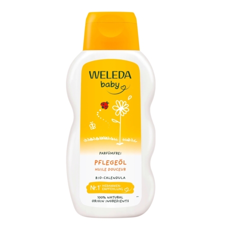 Un flacon blanc de Welada Huile Bébé au Calendula Sans Parfum 200 ml avec un bouchon et une étiquette jaunes, comportant une fleur, une illustration de coccinelle et un texte mettant l'accent sur le calendula et les ingrédients d'origine naturelle. Dakar