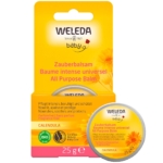 Weleda Baby Baume Magique Bébé Multifonctions au Calendula 25 g est présenté dans un emballage jaune-orange avec des motifs floraux. Ce baume de soin pour bébé, sans parfum et certifié naturel, est idéal pour les peaux délicates. Dakar