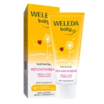 Tube et boîte jaunes de Weleda Crème Visage Bébé au Calendula sans Parfum 50 ml, représentant une coccinelle, des fleurs blanches, un texte en allemand, et soulignant sa formule sans parfum à base d'ingrédients naturels. Dakar