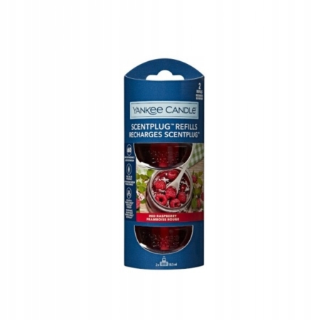 Recharges ScentPlug de Yankee Candle en senteur Framboise Rouge, emballées dans une boîte bleue avec une image de framboises sur le devant. L'emballage contient deux recharges de 18,5 ml chacune. Dakar