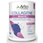 Contenant de supplément en poudre Arko Pharma Collagène Beauté, contenant des peptides de collagène, de l'acide hyaluronique, de la vitamine C et de la biotine. L'étiquette est blanche et violette, avec le profil d'une femme et un graphique moléculaire. Dakar