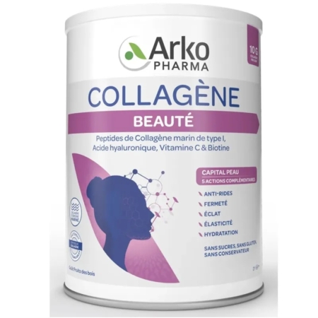 Contenant de supplément en poudre Arko Pharma Collagène Beauté, contenant des peptides de collagène, de l'acide hyaluronique, de la vitamine C et de la biotine. L'étiquette est blanche et violette, avec le profil d'une femme et un graphique moléculaire. Dakar