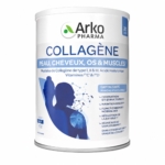 Le pot d'Arkopharma Collagène Peau Cheveux Os Et Muscles de 260 g, conçu pour la peau, les cheveux, les os et les muscles, présente une étiquette bleue et blanche ornée d'une silhouette et d'une structure moléculaire sur le devant. Dakar