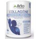 Boîte de poudre de collagène Arko Pharma, étiquetée pour la peau, les cheveux, les os et les muscles, comportant des informations sur le produit en français et un graphique abstrait de la silhouette d'une personne avec des structures moléculaires. Dakar