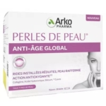 Boîte de compléments alimentaires Arko Pharma Perles de Peau Anti-Âge Global, présentant les détails du produit, le visage d'une femme à droite, et les allégations de réduction des rides et de raffermissement de la peau grâce à l'action des antioxydants. Dakar