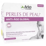 Une boîte d'Arko Pharma Perles de Peau Anti-Âge Global, dont l'emballage violet et blanc est orné d'une photo du visage d'une femme, et qui met en avant les bienfaits anti-âge et les ingrédients destinés à tous les types de peau. Dakar