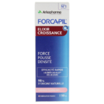 Boîte de produits capillaires Forcapil Elixir Croissance, présentant la marque, les allégations de croissance et de densité des cheveux, et des détails en français. La boîte est principalement blanche et bleue avec des accents roses et contient 150 ml. Dakar