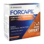 Une boîte de Forcapil Fortifiant Kératine+ Anti-Casse, complément alimentaire favorisant la résistance des cheveux et des ongles. L'emballage met en avant une offre 2+1 mois et est labellisé made in France. Dakar