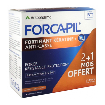 Une boîte de Forcapil Fortifiant Kératine+ Anti-Casse, complément alimentaire favorisant la résistance des cheveux et des ongles. L'emballage met en avant une offre 2+1 mois et est labellisé made in France. Dakar