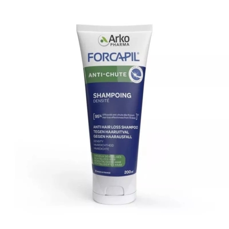 Tube de shampooing Forcapil Anti-Chute d'Arko Pharma, étiqueté comme anti-chute et densifiant, avec un texte en français, anglais, néerlandais et allemand, debout sur un fond blanc. Dakar