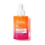 Un flacon d'Avène Ultra Serum avec SPF 50+ dans un design ombré orange et rose, avec un bouchon compte-gouttes blanc et les détails du produit imprimés sur le devant. Dakar