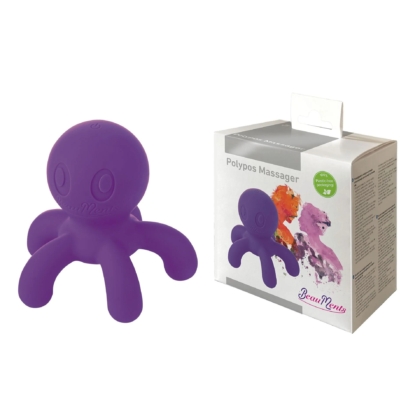 Un BeauMents Jouet de Massage Sensuel et Stimulateur Multifonction Polypos Violet en forme de pieuvre est posé à côté de sa boîte, qui affiche l'image du produit et porte les mentions "Polypus Massager" et "Ocean Meets". Dakar