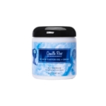 Un pot de Camille Rose Black Castor Oil + Chebe Buttercream Strengthening Texture Butter, format 8 oz, avec un couvercle noir et une étiquette bleue et blanche sur fond blanc. Dakar