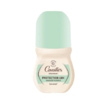 Un flacon de déodorant à bille Cavaillès Dermato 48H de 50 ml, de couleur beige et vert menthe, portant l'étiquette « Cavaillès Déodorant Protection 48H Amande Fleurie, sans alcool ». Dakar