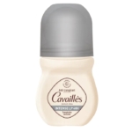Flacon de déodorant roll-on beige et gris étiqueté "Cavaillès Intense LP 48H Anti-transpirant" avec un texte en français, doté d'un bouchon arrondi et d'une base incurvée. Dakar