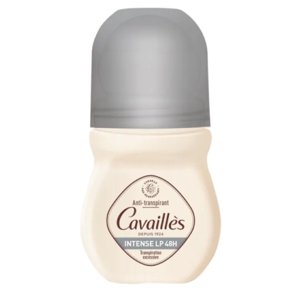 Flacon de déodorant roll-on beige et gris étiqueté "Cavaillès Intense LP 48H Anti-transpirant" avec un texte en français, doté d'un bouchon arrondi et d'une base incurvée. Dakar