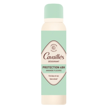 Le déodorant Cavaillès Dermato 48H en spray, format 150 ml, se présente dans un emballage vert menthe et blanc portant les mentions « Protection 48H » et « Amande Fleurie ». Sans alcool, ce déodorant est doux et idéal pour les peaux sensibles. Dakar