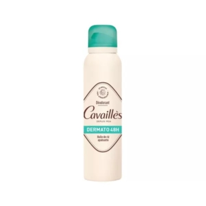 Une bombe aérosol blanche de déodorant Cavaillès Dermato 48H avec un bouchon vert et des accents sarcelle sur l'étiquette, debout sur un fond blanc. Dakar