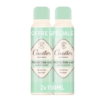 Deux boîtes de déodorant Cavaillès, étiquetées "Protection 48h Amande Fleurie", sont emballées ensemble avec une bannière indiquant "Offre Spéciale". Chaque boîte contient 150 ml. L'emballage est principalement blanc et vert menthe. Dakar