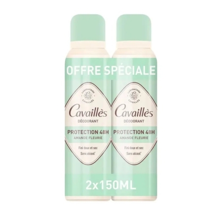Deux boîtes de déodorant Cavaillès, étiquetées "Protection 48h Amande Fleurie", sont emballées ensemble avec une bannière indiquant "Offre Spéciale". Chaque boîte contient 150 ml. L'emballage est principalement blanc et vert menthe. Dakar
