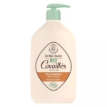 Un flacon de gel douche à la macadamia Cavaillès Bio Certifié avec un bouchon pompe vert, labellisé pour les peaux sèches et aux vertus hydratantes et régénérantes. Dakar