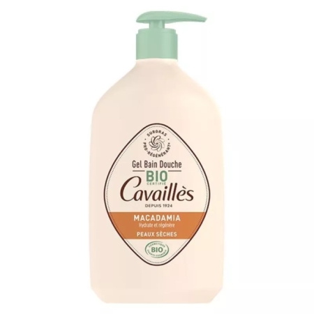 Un flacon de gel douche à la macadamia Cavaillès Bio Certifié avec un bouchon pompe vert, labellisé pour les peaux sèches et aux vertus hydratantes et régénérantes. Dakar