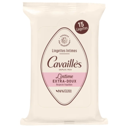 Un paquet de Cavaillès Lingettes Intimes L'intime Extra-Doux, contenant 15 lingettes intimes. L'emballage est de couleur crème avec une étiquette rose et marron mettant en avant la douceur de la formule et les 96% d'ingrédients d'origine naturelle. Dakar