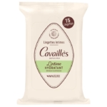 Un paquet de lingettes intimes Cavaillès, étiqueté "Lingettes Intimes L'intime Hydratant", contenant 15 lingettes. L'emballage est blanc avec des accents bruns et verts et un texte en français. Dakar