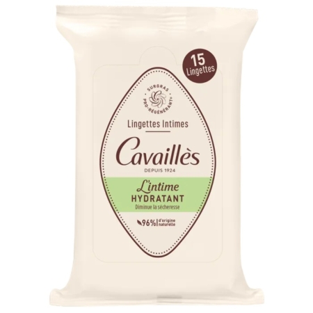 Un paquet de lingettes intimes Cavaillès, étiqueté "Lingettes Intimes L'intime Hydratant", contenant 15 lingettes. L'emballage est blanc avec des accents bruns et verts et un texte en français. Dakar