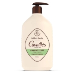 Un flacon pompe beige de Cavaillès Gel Bain Douche pour peaux sensibles, étiqueté "Amande Verte", avec un texte marron et un accent vert, destiné à un nettoyage doux sans savon. Dakar