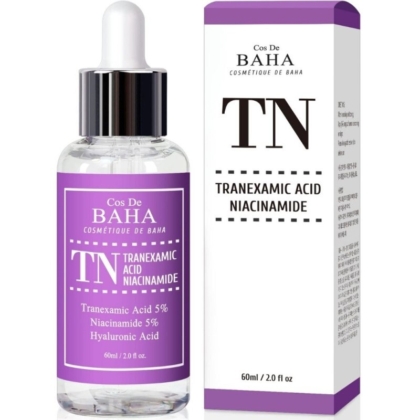Un flacon et une boîte de 30 ml de Cos de Baha Sérum à l'Acide Tranexamique avec Niacinamide Anti Taches et Boutons, avec un étiquetage violet et blanc, pour une peau plus lumineuse et hydratée. Dakar