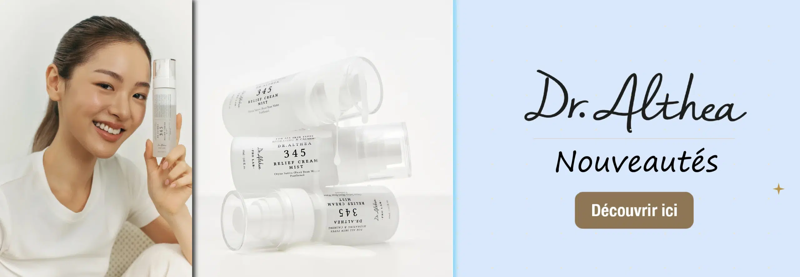 dr althea Une personne souriante tient un flacon de soin de la peau Dr. Althea. Quatre flacons Dr. Althea sont empilés à côté du logo Univers Cosmetix et des mots français "Nouveautés" et "Découvrir ici" sur un fond bleu clair. Dakar