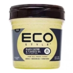 Un contenant de 16 onces de gel coiffant Eco Style à l'huile de ricin noire et de lin avec un couvercle noir et une étiquette jaune. Le produit ne contient pas d'alcool et est conçu pour tous les types de cheveux afin de les faire briller, de les hydrater et de les revitaliser. Dakar