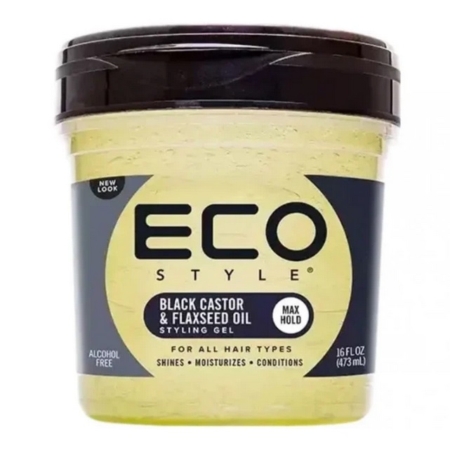 Un contenant de 16 onces de gel coiffant Eco Style à l'huile de ricin noire et de lin avec un couvercle noir et une étiquette jaune. Le produit ne contient pas d'alcool et est conçu pour tous les types de cheveux afin de les faire briller, de les hydrater et de les revitaliser. Dakar