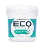 Un pot en plastique transparent de gel coiffant Eco Style au romarin et à l'huile de menthe, étiqueté "Limited Edition", avec un motif vert et blanc. Ce gel convient à tous les types de cheveux et offre une tenue maximale, de la brillance, de l'hydratation et du conditionnement. Dakar