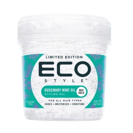 Un pot en plastique transparent de gel coiffant Eco Style au romarin et à l'huile de menthe, étiqueté "Limited Edition", avec un motif vert et blanc. Ce gel convient à tous les types de cheveux et offre une tenue maximale, de la brillance, de l'hydratation et du conditionnement. Dakar