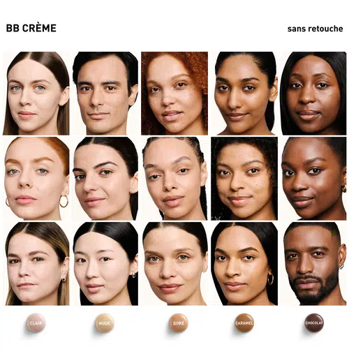 Une grille composée de quinze personnes aux teints variés, chacune photographiée de la tête aux épaules sur fond blanc, présente les différentes nuances de la BB Crème au Ginseng Erborian 15 ml : Clair, Nude, Doré, Caramel et Chocolat. Dakar