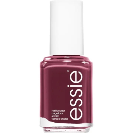 Un flacon de vernis à ongles Essie de couleur mauve foncé, avec un bouchon blanc et le logo Essie imprimé verticalement en blanc sur le flacon en verre. Dakar