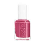 Un flacon de vernis à ongles en verre transparent rempli de vernis à ongles rose avec un bouchon blanc, photographié sur un fond blanc uni. Dakar