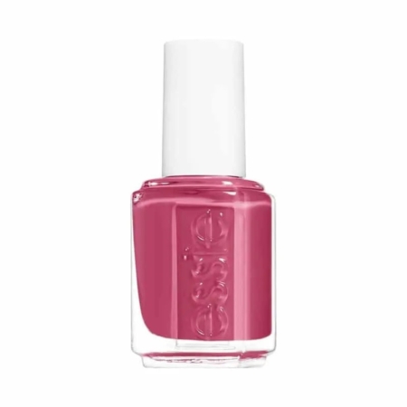 Un flacon de vernis à ongles en verre transparent rempli de vernis à ongles rose avec un bouchon blanc, photographié sur un fond blanc uni. Dakar
