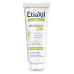 Tube blanc de gel Etiaxil Déo-Douche 24h, étiqueté comme anti-odeur, nettoyant et déodorant pour tous les types de peau. L'emballage met en valeur les ingrédients naturels et est principalement blanc avec des accents bleus et verts. Dakar