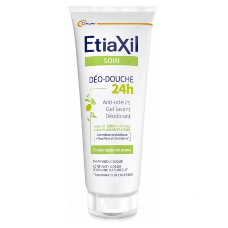 Tube blanc de gel Etiaxil Déo-Douche 24h, étiqueté comme anti-odeur, nettoyant et déodorant pour tous les types de peau. L'emballage met en valeur les ingrédients naturels et est principalement blanc avec des accents bleus et verts. Dakar