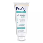 Tube blanc d'Etiaxil Soin Déo-Douche 24h pour peaux sensibles, avec des textes et des graphiques bleus et verts. Le produit est décrit comme un gel anti-odeur, nettoyant et déodorant doux pour les peaux sensibles. Dakar