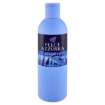 Felce Azzurra Gel Douche Classico d'Orange de Rose et de Pin 650ml se présente dans un flacon bleu clair côtelé avec une étiquette bleu foncé avec des feuilles de fougère et un texte blanc. Dakar