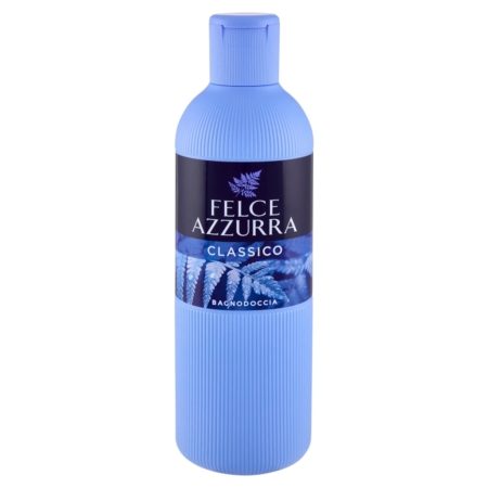 Felce Azzurra Gel Douche Classico d'Orange de Rose et de Pin 650ml se présente dans un flacon bleu clair côtelé avec une étiquette bleu foncé avec des feuilles de fougère et un texte blanc. Dakar