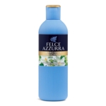 Le flacon bleu de Felce Azzurra Gel Douche Ambre et Argan 650 ml (Copie) présente une texture nervurée, un bouchon bleu et or et une étiquette avec des fleurs blanches et des accents dorés, évoquant l'élégance. Dakar